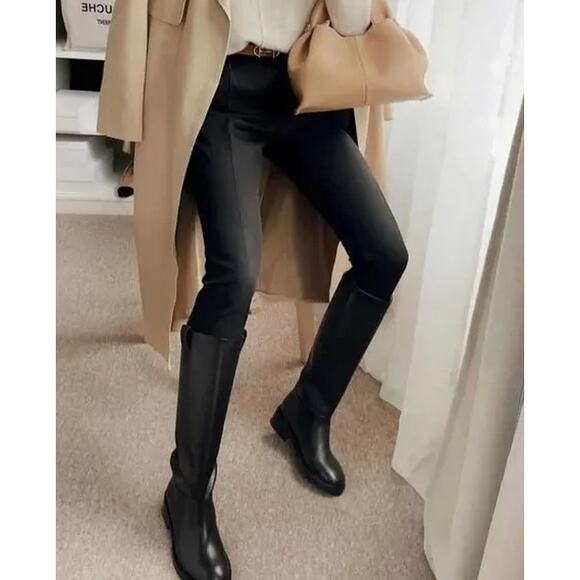 Zara Shoes - ZARA Genuine Leather Knee High Boot Block Heel Tall Flat Riding Boot, Black